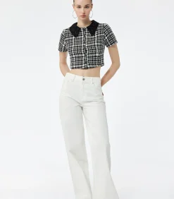 Koton Geruit Crop Blouse Korte Mouwen met Bebe Kraag black Hot