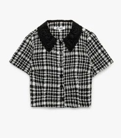 Koton Geruit Crop Blouse Korte Mouwen met Bebe Kraag black Hot
