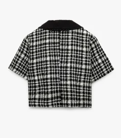 Koton Geruit Crop Blouse Korte Mouwen met Bebe Kraag black Hot
