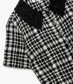 Koton Geruit Crop Blouse Korte Mouwen met Bebe Kraag black Hot