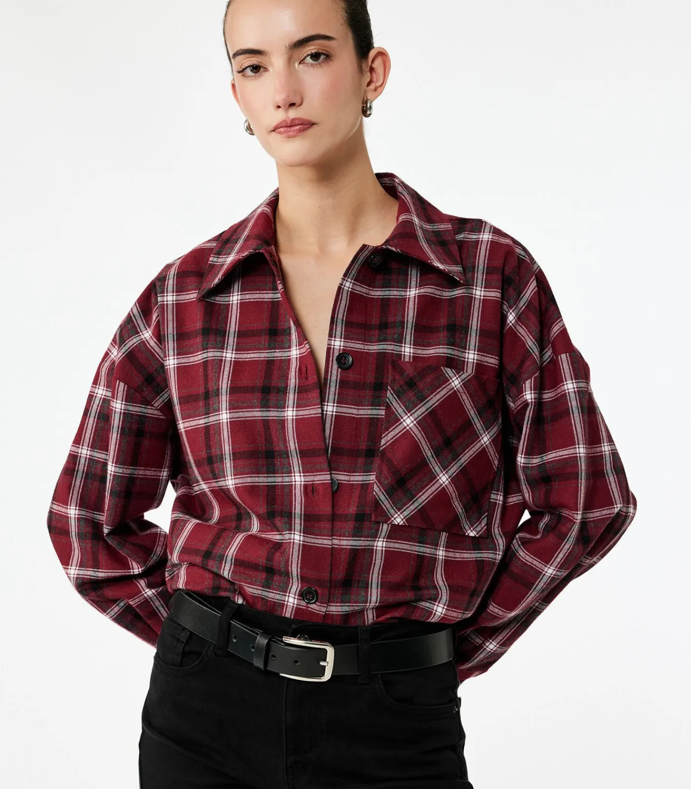 Koton Geruite Lange Mouwen Flanellen Oversized Shacket red Outlet