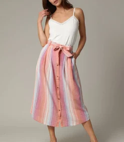 Deeluxe GISELLE - Linnen midirok met strepen en knopen multicolor Outlet