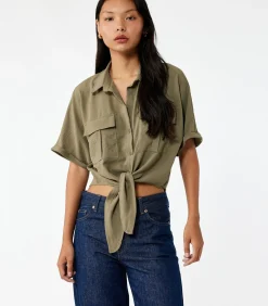 Koton Groene Korte Mouwen Blouse met Binddetail khaki Clearance