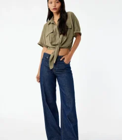 Koton Groene Korte Mouwen Blouse met Binddetail khaki Clearance