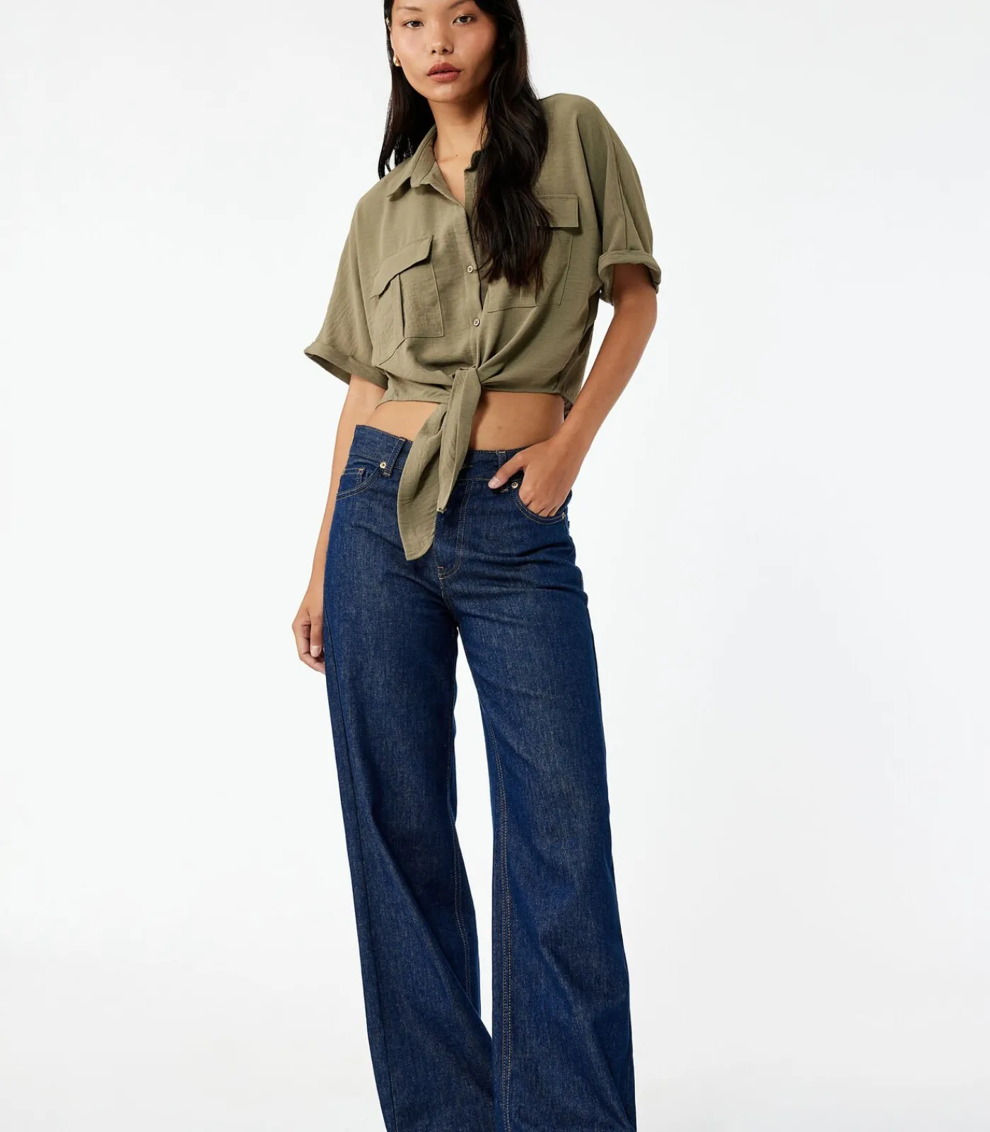 Koton Groene Korte Mouwen Blouse met Binddetail khaki Clearance