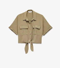 Koton Groene Korte Mouwen Blouse met Binddetail khaki Clearance