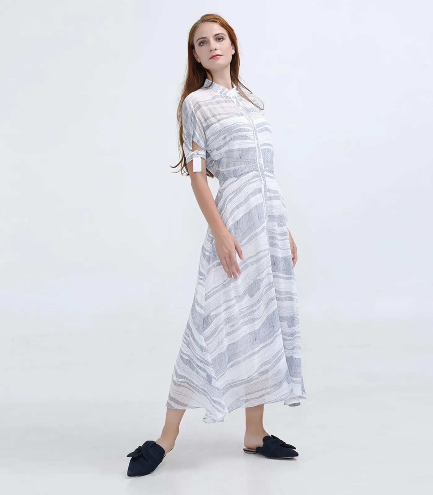 Smart & Joy Halflange hemdjurk in lineair bedrukt chiffon white New