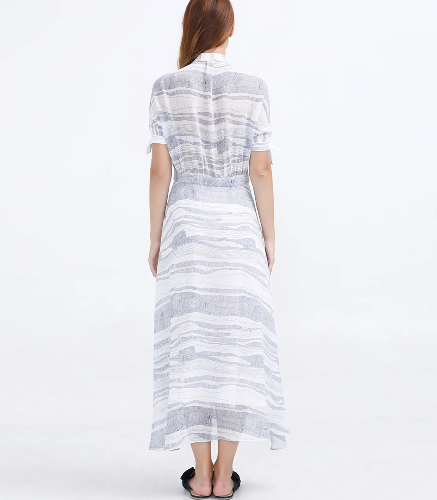 Smart & Joy Halflange hemdjurk in lineair bedrukt chiffon white New