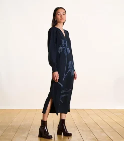 La Fée Maraboutée Halflange jurk in donkerblauw breisel met borduursel navyBlue Best