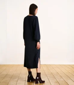 La Fée Maraboutée Halflange jurk in donkerblauw breisel met borduursel navyBlue Best