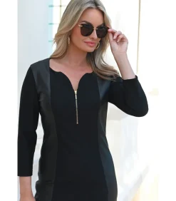 BLEU D'AZUR HELENA Chique winterjurk van twee materialen in zwart black Best