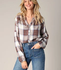 Deeluxe IZELIA - Geruite blouse met geborduurde details brown New