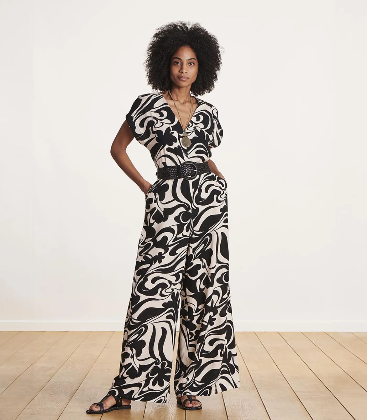 La Fée Maraboutée Jumpsuit met korte mouwen en zwart-wit print multicolor Best