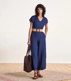 La Fée Maraboutée Jumpsuit met korte mouwen in marineblauw linnen Indigo New