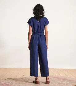 La Fée Maraboutée Jumpsuit met korte mouwen in marineblauw linnen Indigo New