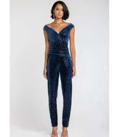Goddiva Jumpsuit “Sequin Velvet Bardot Jumpsuit” darkBlue Clearance