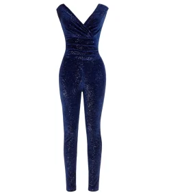 Goddiva Jumpsuit “Sequin Velvet Bardot Jumpsuit” darkBlue Clearance