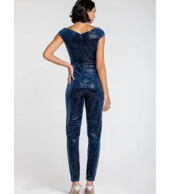 Goddiva Jumpsuit “Sequin Velvet Bardot Jumpsuit” darkBlue Clearance