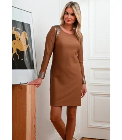 BLEU D'AZUR KAHLO Jurk van twee materialen in bronsbruin brown Best