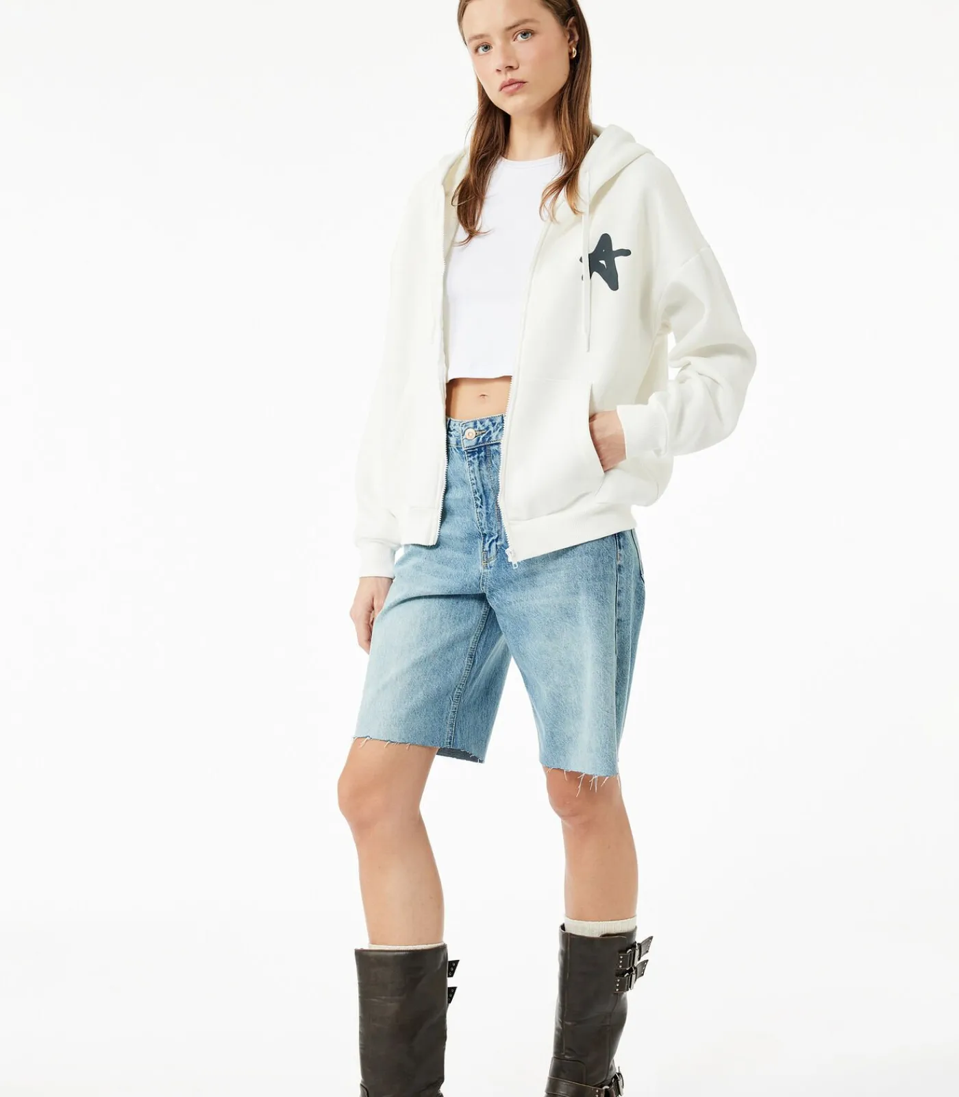 Koton Kapstok Ecru Sweatshirt met Rits en Capuchon Met Print white Online