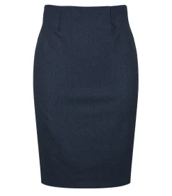 Conquista Klassieke marineblauwe kokerrok midi – Subtiel krijtstreepmotief, elastische stof, split aan de achterkant navyBlue