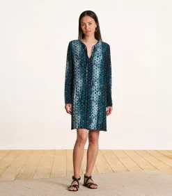La Fée Maraboutée Korte geplooide jurk in petrolblauw met print petrolBlue Hot