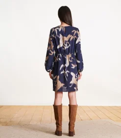 La Fée Maraboutée Korte getailleerde en gedrapeerde marineblauwe jurk met print navyBlue Online
