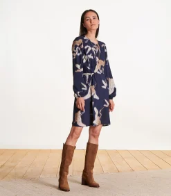 La Fée Maraboutée Korte getailleerde en gedrapeerde marineblauwe jurk met print navyBlue Online
