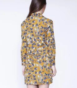 Smart & Joy Korte jurk met gedrapeerde voorkant en bladprint ochreYellow Clearance