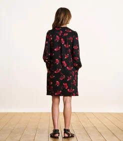 La Fée Maraboutée Korte rechte jurk met zwarte en rode bloemen en lange mouwen black Sale