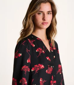 La Fée Maraboutée Korte rechte jurk met zwarte en rode bloemen en lange mouwen black Sale