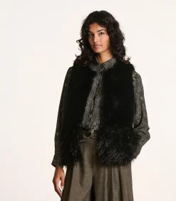 La Fée Maraboutée Korte zwarte mouwloze jas van nepbont met patchwork-effect black Sale