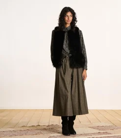 La Fée Maraboutée Korte zwarte mouwloze jas van nepbont met patchwork-effect black Sale