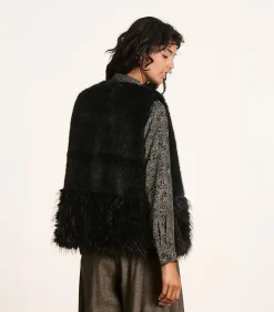 La Fée Maraboutée Korte zwarte mouwloze jas van nepbont met patchwork-effect black Sale