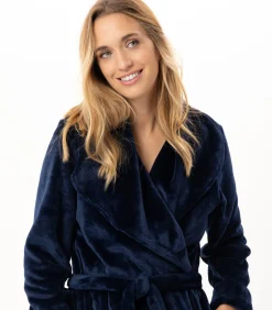 LE CHAT Lange badjas met overslag van flanellen badstof ESSENTIEL 169 blue New