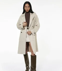 Koton Lange Dames Trenchcoat Knoopsluiting Ceintuur Kunstsuède lightGrey New