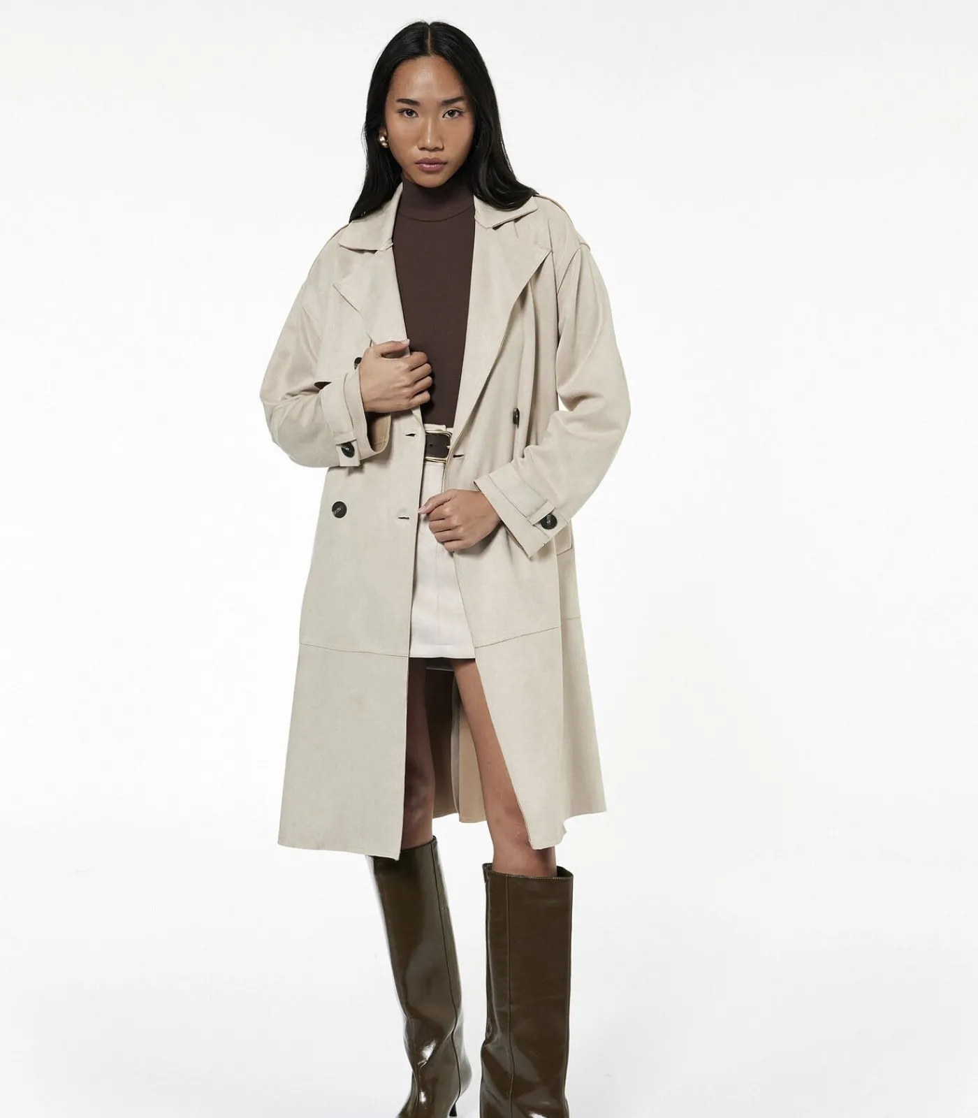 Koton Lange Dames Trenchcoat Knoopsluiting Ceintuur Kunstsuède lightGrey New