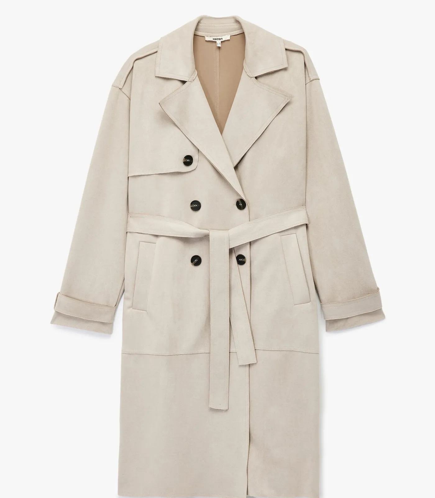 Koton Lange Dames Trenchcoat Knoopsluiting Ceintuur Kunstsuède lightGrey New