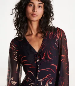 La Fée Maraboutée Lange jurk van viscose/zijde voile met blauwe print navyBlue Online
