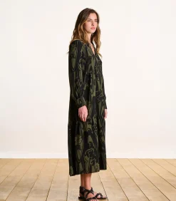La Fée Maraboutée Lange kaki jurk met zwarte lange mouwen khaki