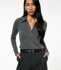 Koton Lange mouwen polo zwarte dames top met steendetails darkGrey Discount