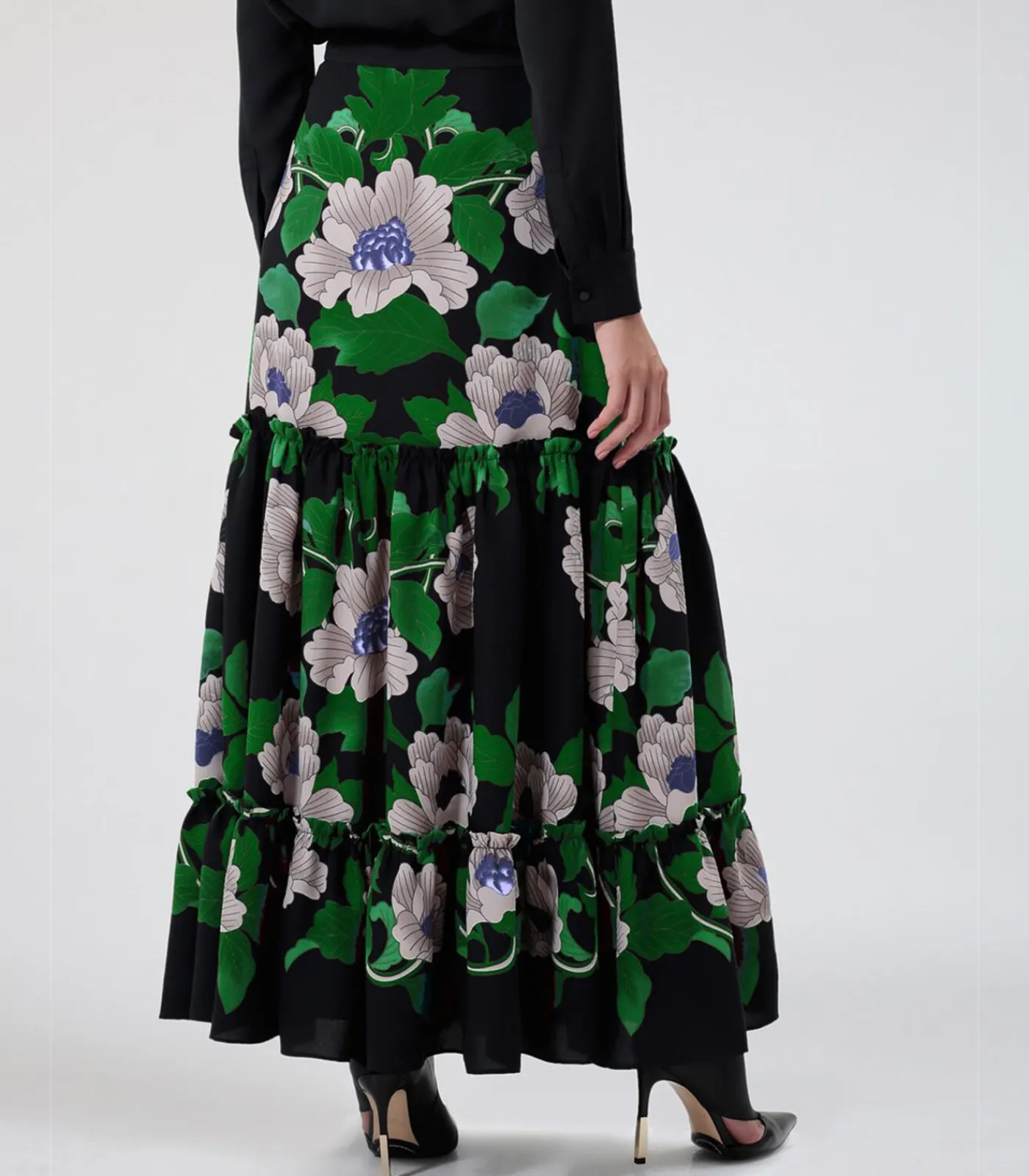 Smart & Joy Lange rok met bloemenprint en grote volants green