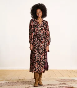 La Fée Maraboutée Lange zwarte en bruine jurk met ceintuur en cache-coeur print black Sale