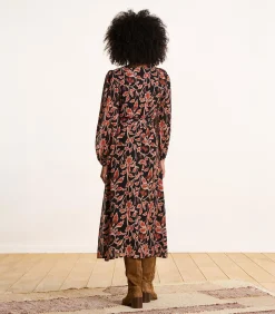 La Fée Maraboutée Lange zwarte en bruine jurk met ceintuur en cache-coeur print black Sale