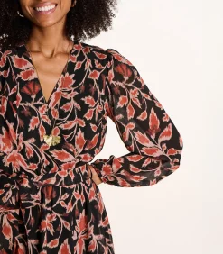 La Fée Maraboutée Lange zwarte en bruine jurk met ceintuur en cache-coeur print black Sale