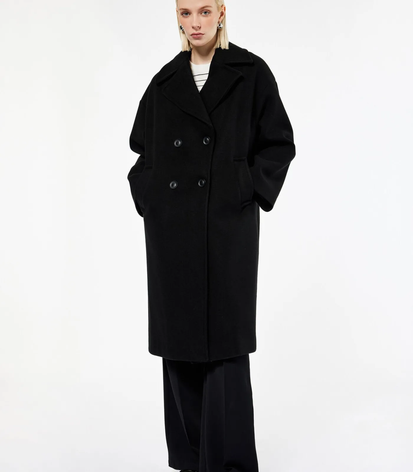 Koton Lange Zwarte Mantel Met Knoopsluiting en Zakdetails black Hot