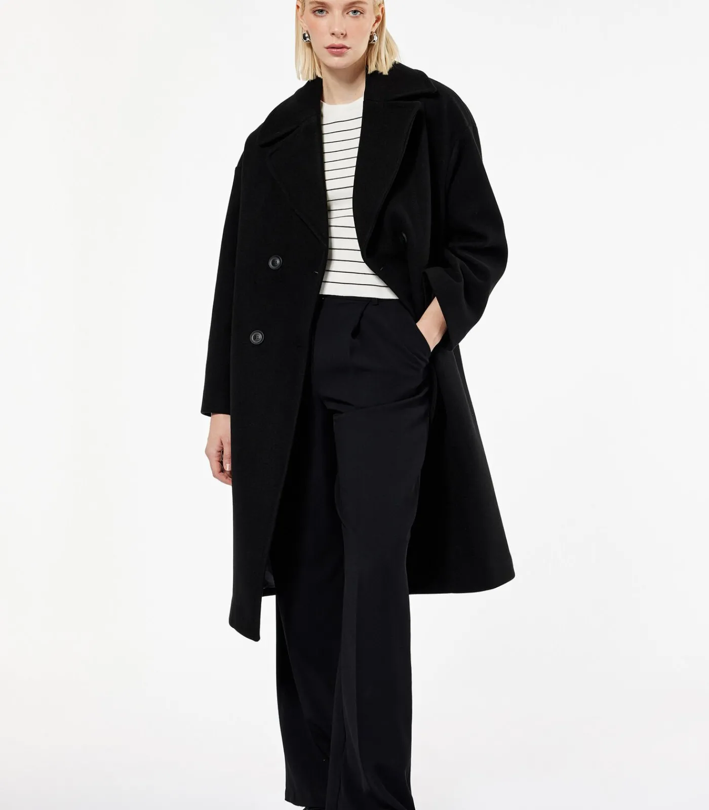 Koton Lange Zwarte Mantel Met Knoopsluiting en Zakdetails black Hot