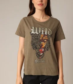 Deeluxe LEONA - Rock-T-shirt van 100% katoen met tijgerprint en metallic typografie lightGreen New