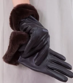 ISOTONER Leren dameshandschoenen met bontrand Bruin brown New