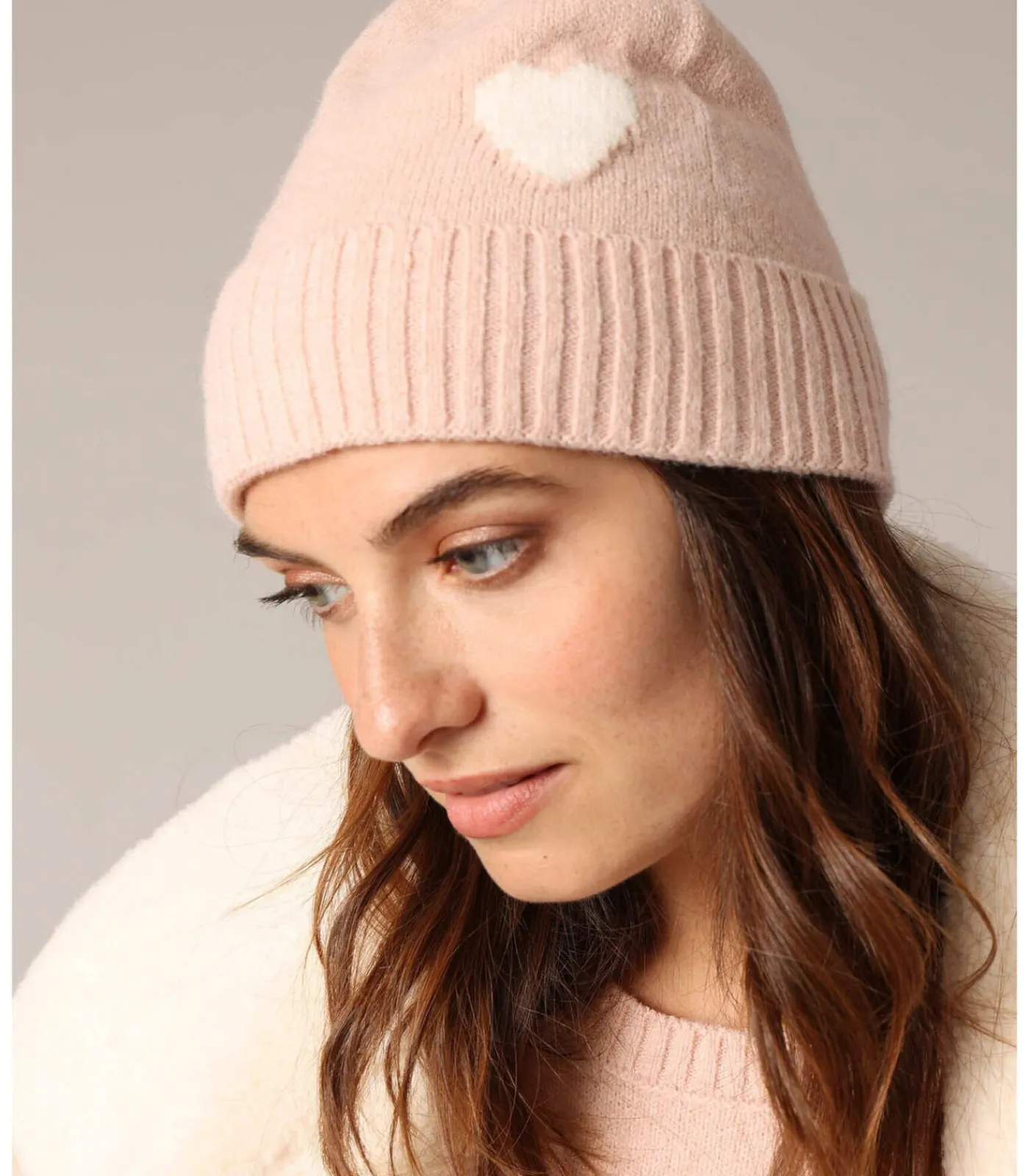 Deeluxe LOLA - Geribbelde gebreide muts met contrasterend hart pink Outlet